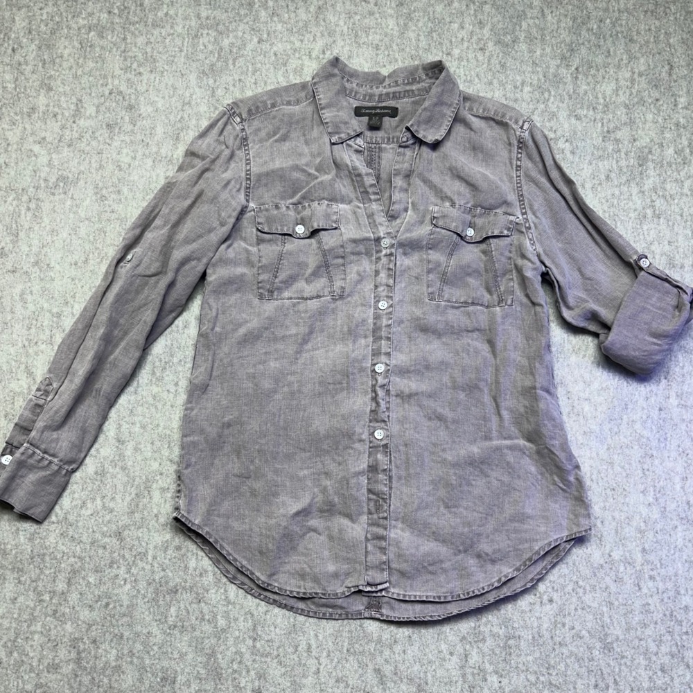 Tommy Bahama Linen Casual Button Down Shirt Gray Brown‎ Size S Roll Tab Sleeve
